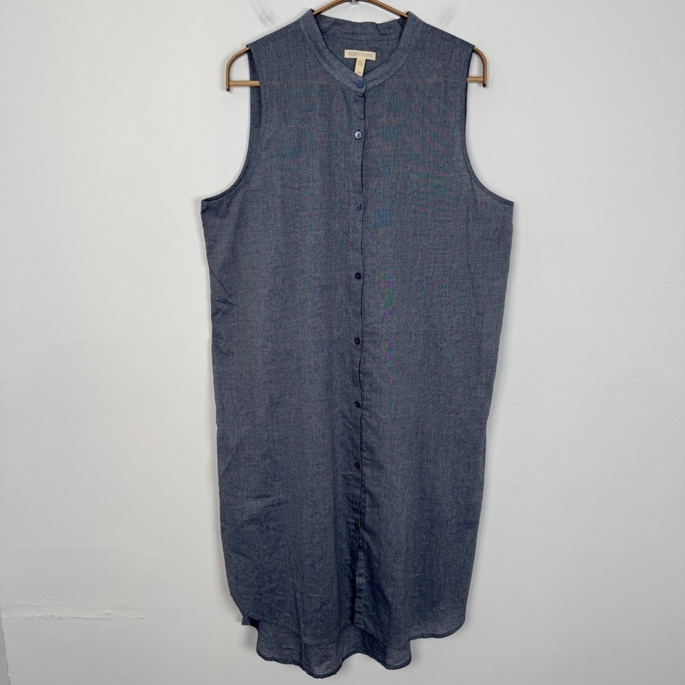 EILEEN FISHER Denim Organic Cotton Mandarin Collar Airy Twill Tunic Dress Size L - Picture 2 of 7